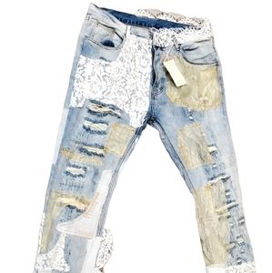Mens MNML Straight Denim Punk D101 Distressed, Studded, Lace  Jeans Size 38 NWT